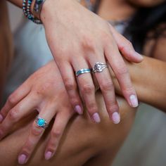 A set of stacking rings, each with its own personality. The three Sterling Silver stackable rings are cast with a unique geometric pattern classic to Southwestern jewelry. Each silver stacking ring can be worn on its own, paired with other rings, or completed as a set. The mix-and-match potential of your silver stackable rings represents the many paths your life might take while wearing them. 3 Sterling Silver Stackable Rings 1/2"-5/8" Width (When Stacked) High Polished Finish Adjustable Stackable Open Ring Jewelry, Adjustable Stackable Jewelry Ring, Adjustable Stackable Midi Promise Rings, Adjustable Double Band Stackable Promise Rings, Adjustable Double Band Stackable Rings For Promise, Minimalist Stacked Adjustable Jewelry, Adjustable Stacked Sterling Silver Jewelry, Adjustable Stacked Jewelry, Adjustable Stackable Silver Midi Rings