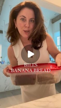 a woman holding a red plate with bananas on it and the words bites banana bread in front of her