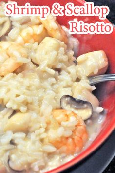 shrimp and sealop risotto in a red bowl