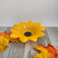 a yellow flower sitting on top of a wooden table