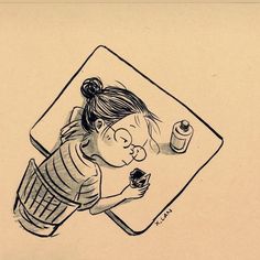 a black and white drawing of a girl eating