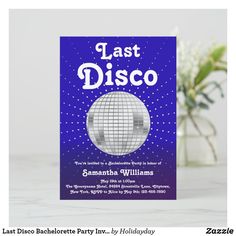 a purple and silver disco ball birthday party card with the words last disco on it