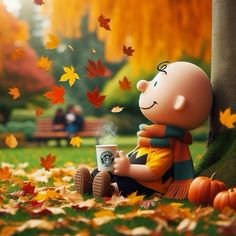 a cartoon character sitting on the ground next to a tree with fall leaves around it