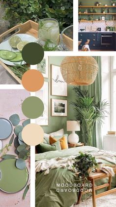 a collage of photos with green and pink colors in the bedroom, dining room, living room