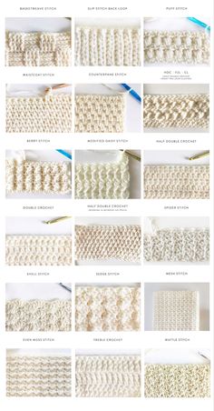 the crochet pattern is shown in many different colors and sizes, including white