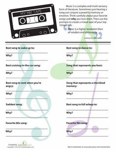 a music worksheet with an image of a cassette player and notes on it