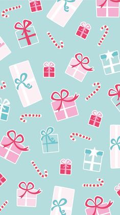 many presents are wrapped in pink and blue wrapping paper with bows, ribbons and candy canes