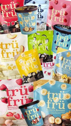 fruit fru bars are stacked on top of each other in different colors and flavors