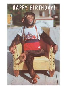 a monkey sitting on top of a chair wearing an apron and overalls with the caption happy birthday