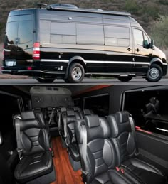 the inside and outside view of a van with black leather seats, wood flooring