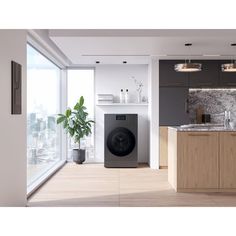 a washer sitting in the middle of a kitchen next to a counter top with a potted plant on it