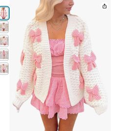 Sassy Shortcake, Bow Cardigan, Ivory Cardigan, White Graphic Tee, Pink Bows, Smocked Dress, Style Mistakes, Pink Bow, Ocean View