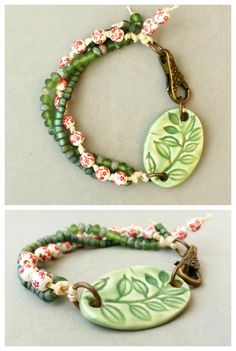 two different bracelets with flowers and leaves on them, one has a leaf charm