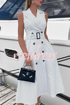 Fashion Casual Striped Button Belt Midi Dress Dress Sleeve Styles, Belted Midi Dress, Summer Pants, Casual Stripes, Summer Black, Daily Dress, Moda Vintage, White Striped Dress, Mid Length Dresses