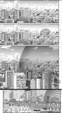 three different views of the city in black and white, each with an image of skyscrapers