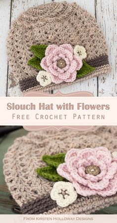 crocheted hat with flowers and leaves on the front is shown in two different colors