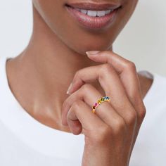 Marvelously divine, this ring is for the woman with impeccable style. Seven shimmering multi-colored round stones set in sterling silver, come together to create this fabulous ring. The glamorous stones glimmers in the light revealing a rainbow of colours. Buffed to a brilliant luster, this ring showcases your unique personality.Carat Weight: 1.99 ctStone Size: 3.5 mmStone Type: Jeulia® StoneNumber of Stones: 7 Stone Shape: RoundStone Color: Citrine Yellow, Sapphire Blue, Aquamarine Blue, Garnet Red, Amethyst Purple, Peridot Green, FuchsiaWeight: 3.11 gMaterial: 925 SilverPlating Color: Yellow Gold Red Amethyst, Garnet Red, Peridot Green, Amethyst Purple, Aquamarine Blue, Yellow Sapphire, Sapphire Blue, Multi Stone, Anniversary Sale