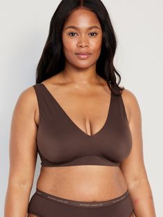 deep v-neck wide straps elastic-banded hem fitted high coverage hits above ribcage light support for a-c cups xs = 34a, 32b cup sizes s = 32c, 34b, 36a cup sizes m = 34c, 34d, 36B, 36c, 38b cup sizes l = 34d, 34dd, 36c, 36d, 38b, 40b cup sizes xl = 38dd, 40d, 40dd cup sizes xxl = 42d, 42dd cup sizes models are approx.  5'9" and wear sizes s (4), l (12), and xl (18)machine wash according to the care instruction label Solid Color Bra-friendly Low-cut Tank Top, V-neck Bra With Removable Pads, Stretch Low-cut Bra-friendly Tank Top, Stretch Low-cut Bra Friendly Tank Top, Low-cut Stretch Sports Bra With Medium Bust Support, Low-cut Sports Bra With Medium Bust Support, Fitted Seamless Nursing Bra With V-neck, Fitted V-neck Nursing Bra With Removable Pads, Fitted Seamless Nursing Bra With Wide Straps