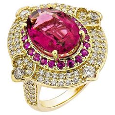 Sunita Nahata showcases an exquisite diamond studded Rubellite jewelry set that exudes grace and elegance. This exquisite 18Karat yellow gold set is ideal for any special occasion because it combines traditional elegance with modern flair. Rubelite Fancy Ring in 18Karat Yellow Gold with Ruby and White Diamond. Rubelite: 5.348 carat, 13.50X9.70mm size, oval shape. Ruby: 0.562 carat, 1.70mm size, round shape. White Diamond: 0.350 carat, 2.80mm size, round shape, G color, VS clarity. White Diamond: 0.697 carat, 1.30mm size, round shape, G color, VS clarity. Gold: 10.96g, 18Karat yellow gold. RBL65 Rubellite Ring, Fancy Rings, Yellow Gold Setting, Yellow Gold Ring, Gem Stone, Gold Set, Diamond Studs, Yellow Gold Rings, Cocktail Rings