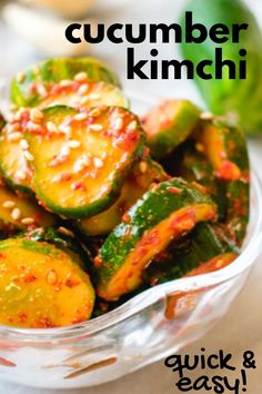 cucumber kimchi in a glass bowl with text overlay