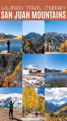 a collage of photos with the words, colorado travel library san juan mountains