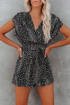 Draped neckline with snap button 
	
	
		The adjustable waist belt is removable 
	
	
		Our Leopard Print Belted V Neck Short Sleeve Romper can easily be dressed up or down 
	
	
		Little spots decorate the black base of this romper 
	
	
		Dropship rompers are stylish and popular among modern ladies Jumpsuit Casual, Belted Romper, Loungewear Dresses, Wrap Romper, Black Leopard Print, Short Sleeve Romper, Jumpsuits And Romper, Belted Shorts, Casual Jumpsuit