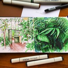 two markers and some pens on a table next to an open window with green plants