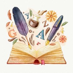 an open book with some writing on it and various items surrounding it in the shape of a flower