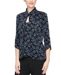 in stock Elegant Navy Top For Winter, Mandarin Collar Jacket, Glitter Jacket, Printed Jacket, Alex Evenings, Scoop Neck Top, Print Jacket, Workout Jacket, Navy Color