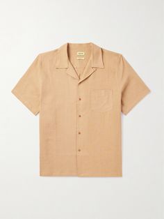 EXCLUSIVE AT MR PORTER. De Bonne Facture's convertible-collar shirt comes in a neutral 'Madder' shade that's achieved by using natural plant-based dyes. Made at Atelier Arthur in Paris, France, it's cut from breathable linen and has a back box pleat for a slightly loose fit across the shoulders. Lower Impact Materials. This product is made using at least 50% lower-impact materials or ingredients. Responsible Craftsmanship. This product promotes artisanal skill and brands that invest in communit… Zara Embroidery, Convertible Collar, Wardrobe Edit, Orange Shirt, Natural Plant, Plain Shirts, Loungewear Shorts, Collar Shirt, Suede Jacket