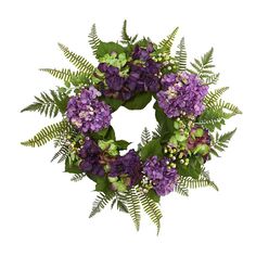 a wreath with purple flowers and green leaves