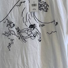 Surfer Embroidered French Connection T-Shirt! Unique And Fun! White Casual Shirt With Embroidered Graphics, White Relaxed Fit T-shirt With Embroidered Graphics, Casual White Shirt With Embroidered Graphics, Casual Shirt With White Front Print, White Embroidered Graphic Tee, French Connection, White Black, White And Black, Tops & Tees