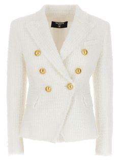 Materials: 79% Polyamide, 15% Virgin Wool, 6% Cotton. | Balmain Women's 6 Buttons Jacket in White Tweed | FW23/24 Chic Jeans, Sleek Dress, Boucle Jacket, White Tweed, Puff Sleeve Dresses, Tailored Blazer, Tweed Blazer, White Blazer, Dress Trousers