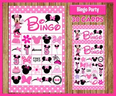 a minnie mouse birthday party game with pink and white polka dots on the front, mickey mouse