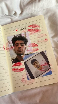 an open notebook with pictures of people on it and the words i love zayn