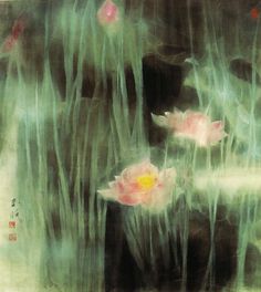 two pink flowers floating on top of water in front of grass and rocks with chinese writing