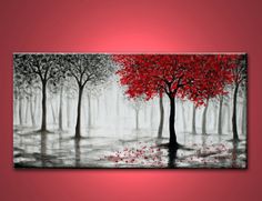 an image of a painting on the wall with red trees in the rain and water