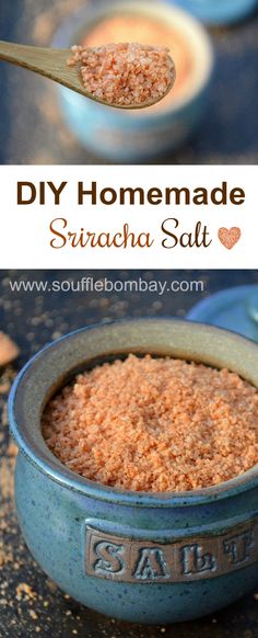 homemade sriracna salt in a blue bowl with a spoon full of it and the words diy homemade sriracna salt