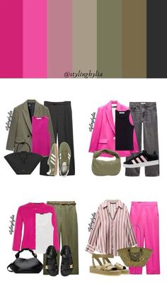 Khaki Colour Combinations Outfit, Fuchsia Outfit Ideas Color Combos, Khaki Colour Combination, Sheek Outfits Classy, Olive Green And Pink Outfit, Fuchsia Color Combination, Color Outfit Combinations, Khaki Color Combination, Pink Casual Outfit