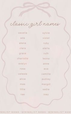 a pink and white poster with the words classic girl names