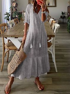 Affordable price buy Dresses on Zolucky, SPU: 29417DR347887, Color: Gray, Material:Cotton, Waistlines:Natural. Spring Floral Prints, Original Fashion, Casual Stripes, Dress With Tie, Maxi Dresses Casual, Maxi Dress Party, Loose Dress, Denim Overalls, Types Of Dresses