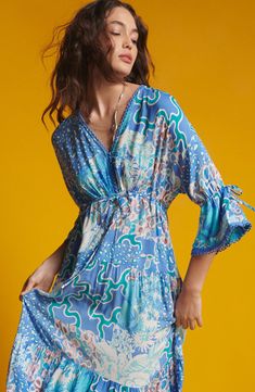 A mix of lively prints joyfully animates this airy, lightweight midi dress that bops to a boho beat. Slips on over head V-neck Three-quarter sleeves 100% viscose Dry clean Imported Flowy V-neck Dress With Abstract Print, Bohemian Multicolor Print Midi Summer Dress, Patterned Midi Dress With Vibrant Print For Vacation, Patterned V-neck Midi Dress For Beach, V-neck Beach Dress With Abstract Print, Patterned Vibrant Print Midi Dress For Beach, Beach Midi Dress In Multicolor Print, Beach Multicolor Printed Midi Dress, Multicolor Printed Midi Dress For Beach