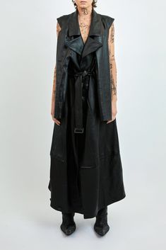 Balenciaga Flatground Trench in Vintage Leather Black Leather Vest For Spring, Sleeveless Leather Outerwear For Work, Black Leather Spring Vest, Techwear Trench Coat, Balenciaga Trench Coat, Vintage Leather Trench Coat, Vintage Distressed Leather Outerwear, Balenciaga One Seam Coat, Balenciaga Spring