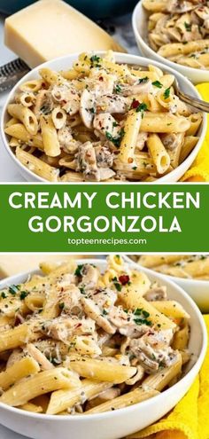 two bowls filled with creamy chicken gorgonzonola pasta and topped with parmesan cheese