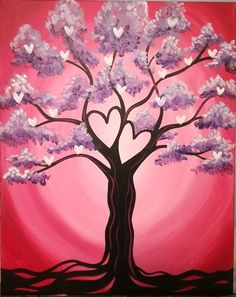 a painting of a tree with hearts painted on it