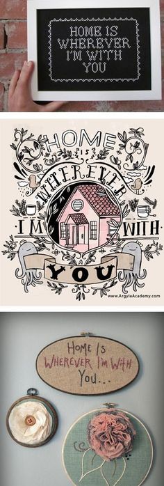 two pictures with different designs on them and one has a sign that says home is where you