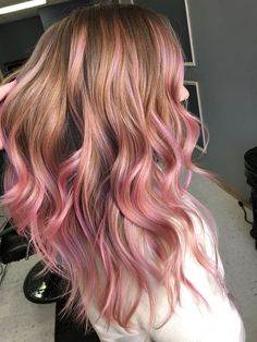 Rose Gold Pink Balayage, Baylage Pink Hair, Golden Brown Hair With Pink Highlights, Strawberry Pink Highlights In Brown Hair, Brown To Pink Balayage Rose Gold, Brown Blonde Pink Balayage, Pink Hair On Light Brown Hair, Caramel Hair With Pink Highlights, Long Hair Pink Highlights