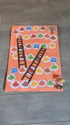 an orange rug with leaves and ladders on it