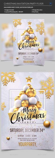 christmas party flyer template with gold and white decorations