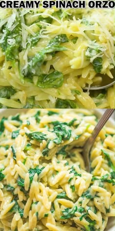 two pictures of pasta with spinach and cheese